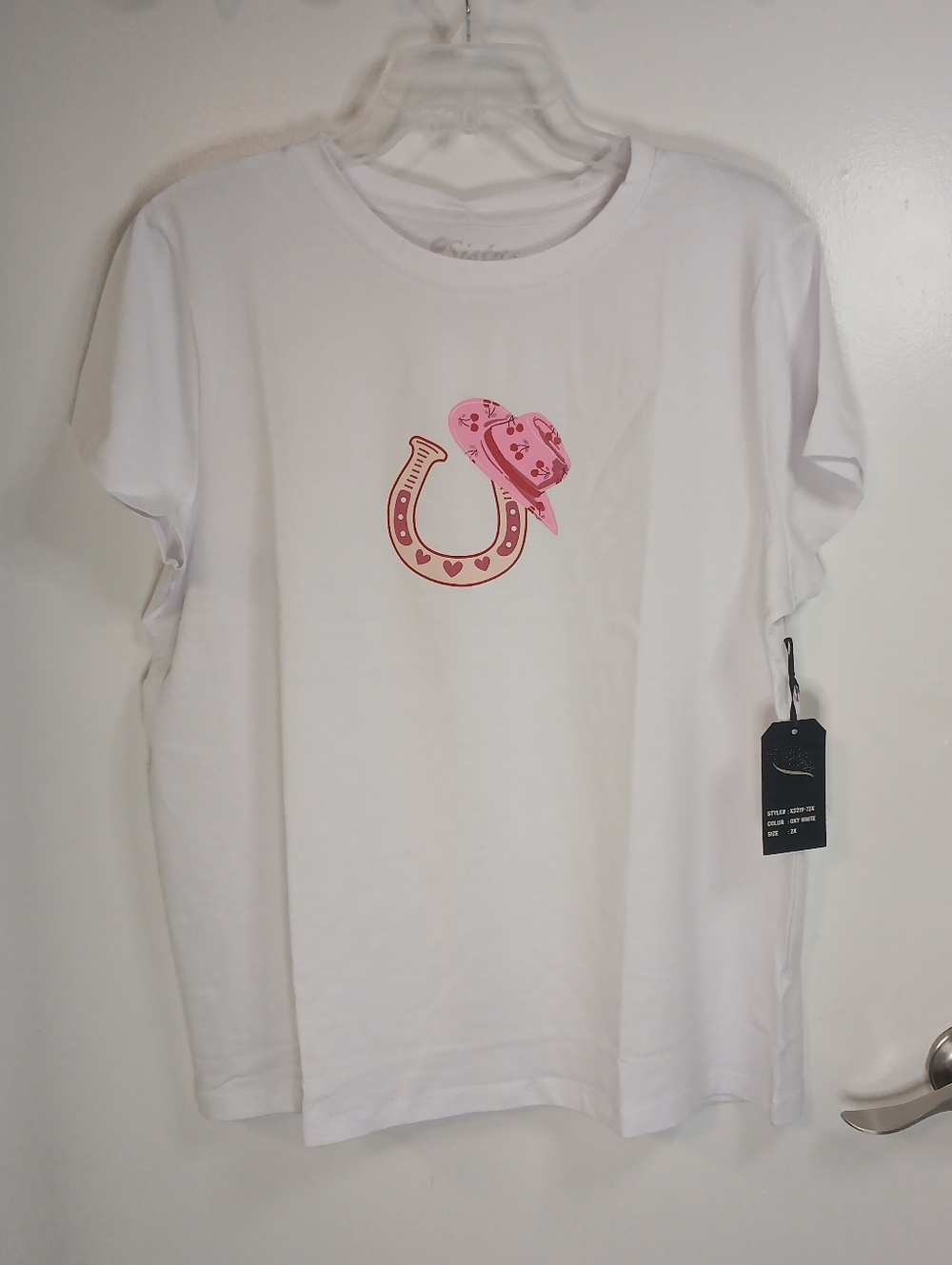 White Short Sleeve Pink Horseshoe & Cowboy Hat Stretch Baby Tee 2X New!